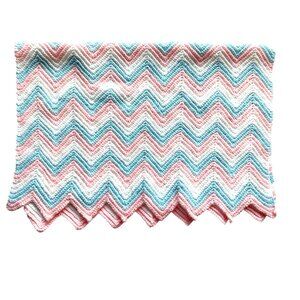 Handmade Baby Blanket Infant Hand Knitted Chevron Pattern Blue Pink Blue Unisex